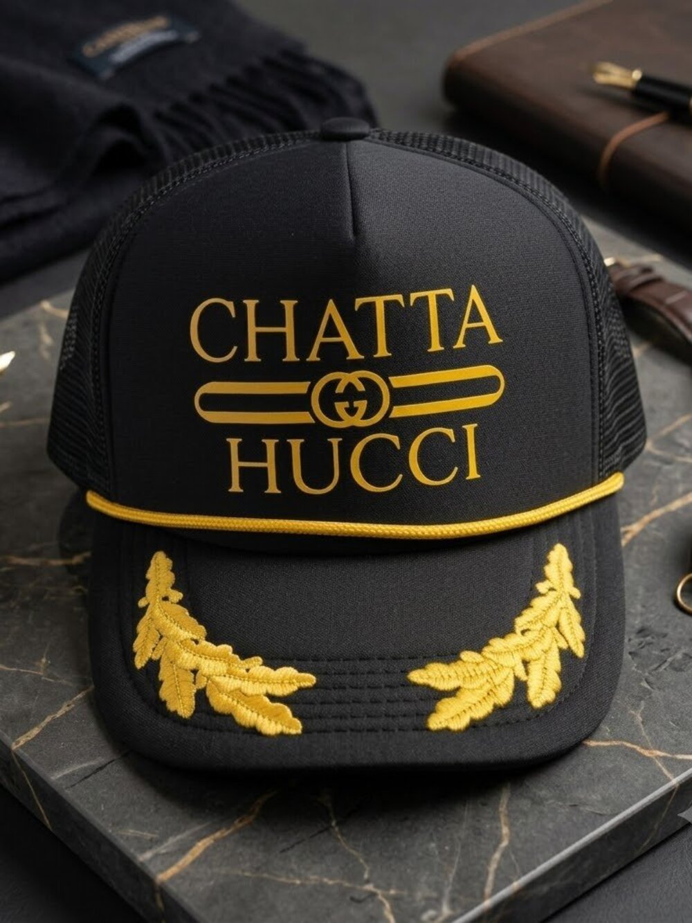 Retro Chatta Hucci Foam Trucker Hat Black Gold Rope Scrambled Eggs Cap Fashion